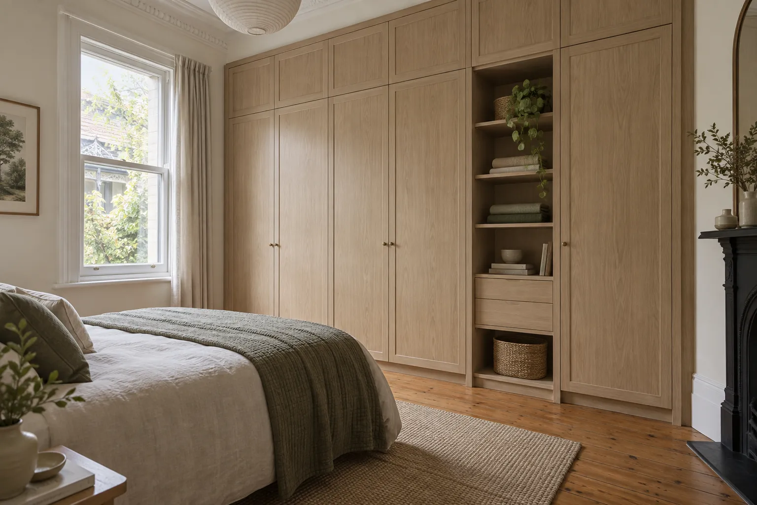 Bedroom with built-in timber wardrobes and open shelves